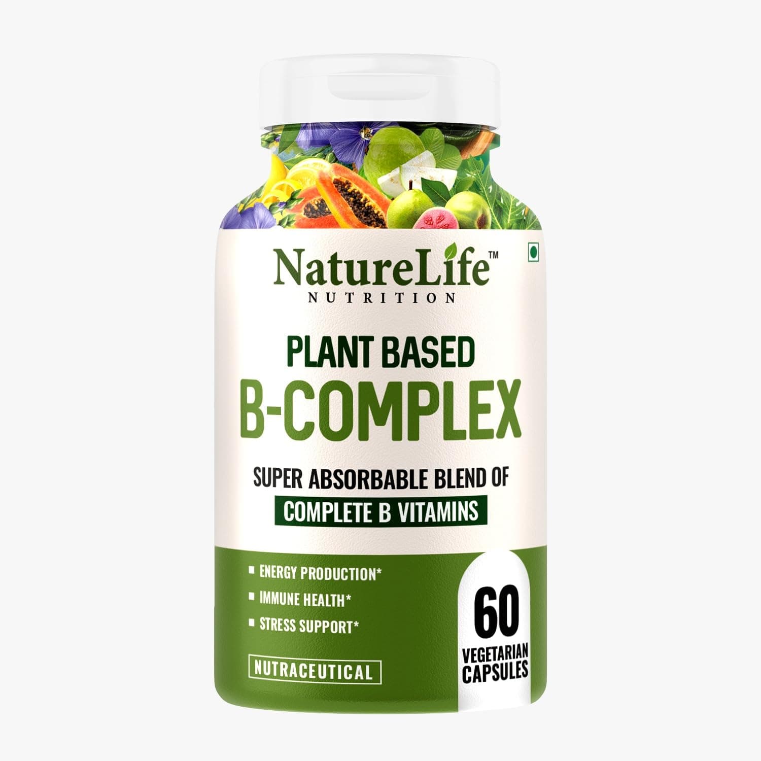 Naturelife Plant Based Vitamin B Complex with 100% RDA B1, B2, B3, B5, B6, B9 & B12 | Hair Growth, Boost Energy And Immunity (60 Capsules)