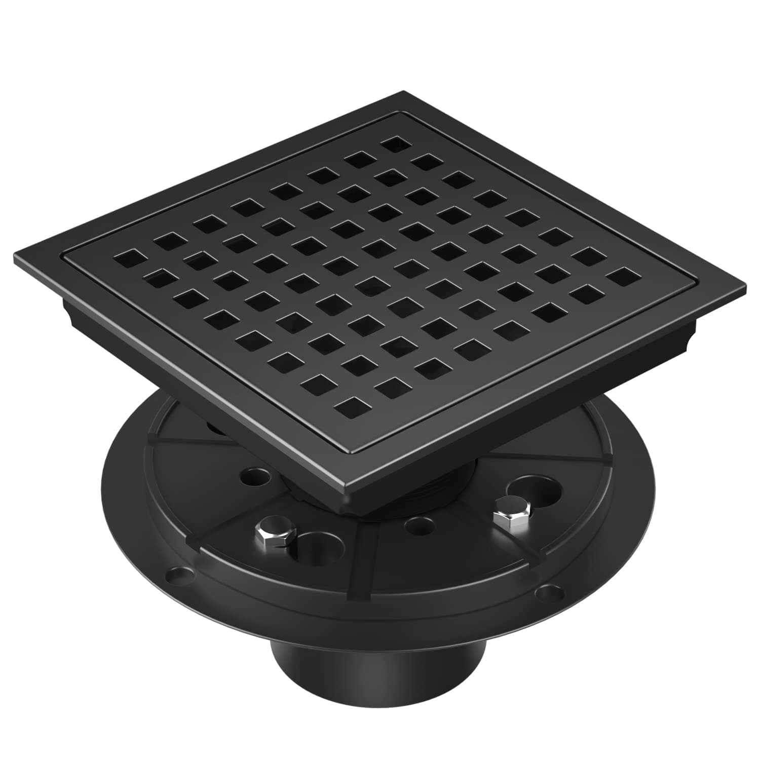 EXF 6-Inch Square Shower Drain with ABS Flange Base, Matte Black 304 Stainless Steel Floor Drain, Removable Grate and Hair Strainer for Modern Bathroom Remodels and Curbless Showers