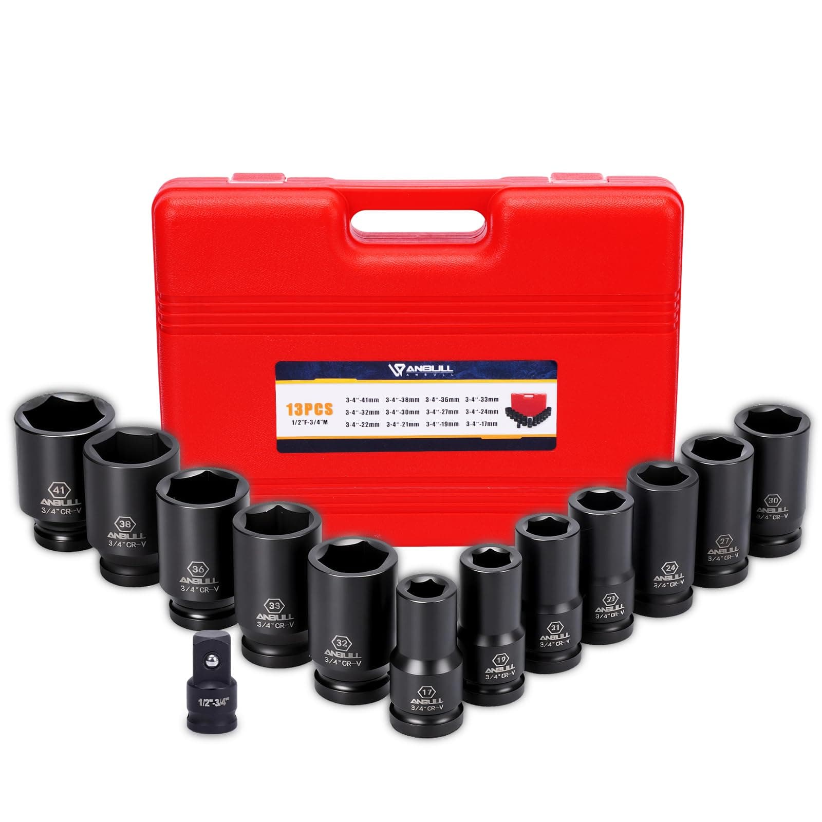 3/4 Inch Drive Deep Impact Socket Set, 13 Piece Metric Combination, Sizes 17mm 19mm 21mm 22mm 24mm 27mm 30mm 32mm 33mm 36mm 38mm 41mm Hex Socket Set, 6 Point Design, Cr-V Chrome Vanadium Steel