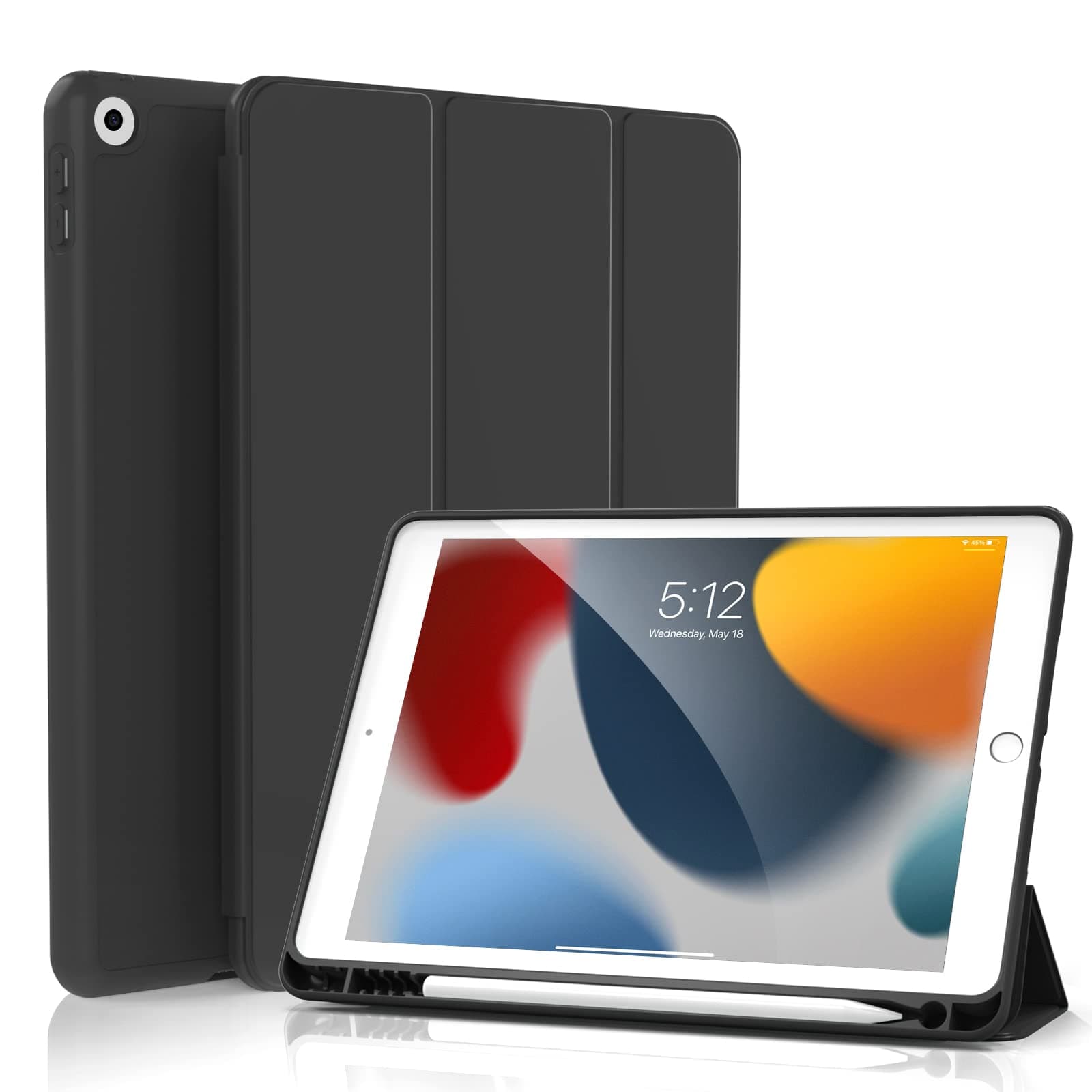 KenKe Case for iPad 9th Generation 2021/ iPad 8th Generation 2020/ iPad 7th Generation 2019 10.2 inch, Built-in Pencil Holder, Slim Trifold Stand Cover with Soft TPU Back, Auto Wake/Sleep, Black