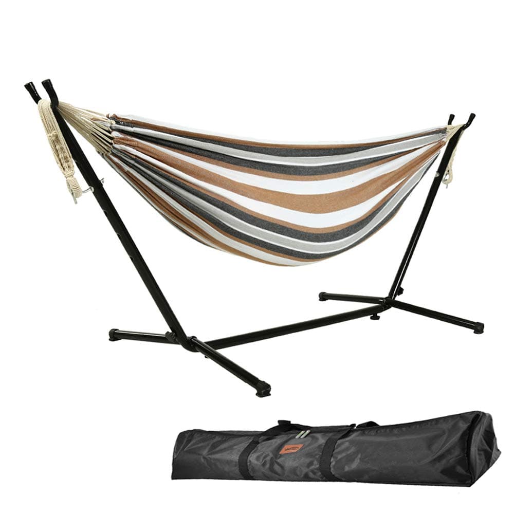 Goutime 9Ft Double Hammock with Stand,450 lbs Capacity, Includes Portable Carrying Bag Perfect for Indoor Outdoor Patio, Deck, Yard,Balcony (Brown&White)