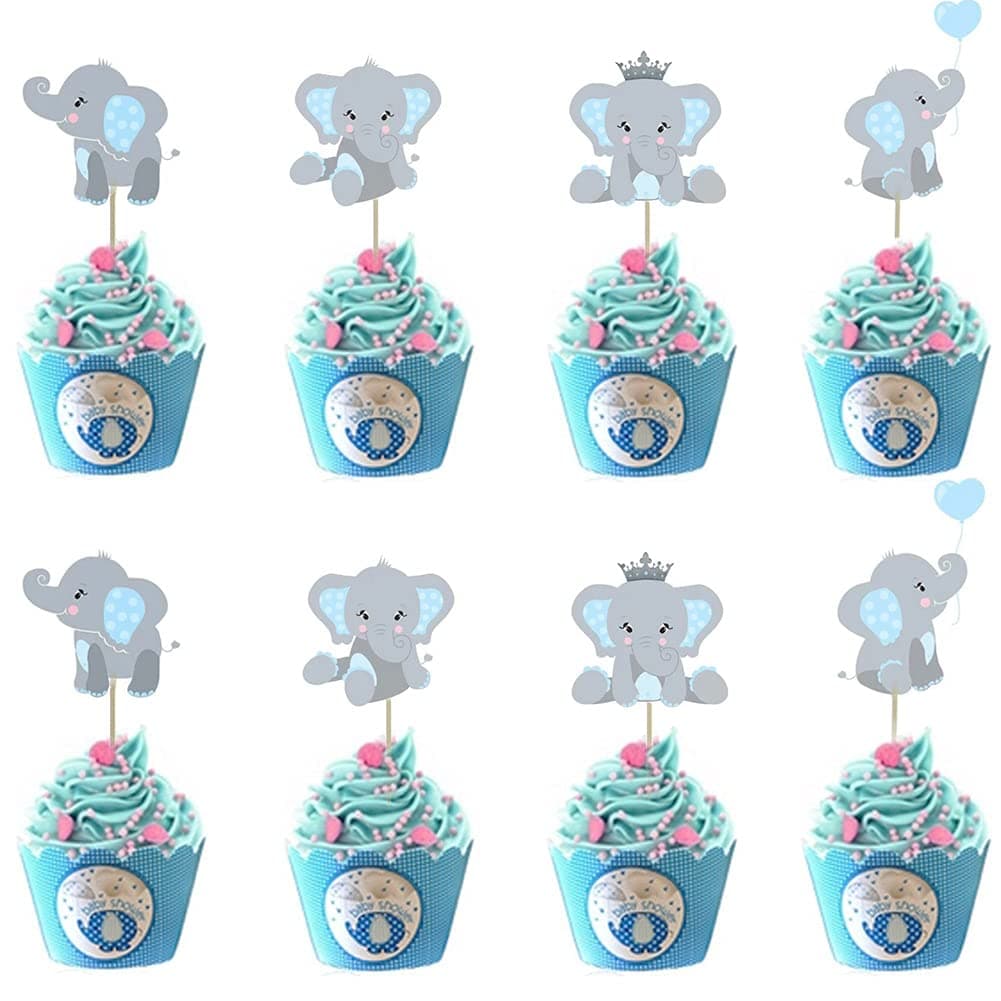 48pcs Blue Elephant Cupcake Toppers, Double Sided It is A Boy Elephant Cupcake Picks, Elephant Cake Cupcake Decorations for Elephant Theme Birthday Baby Shower Little Peanut Party Supplies