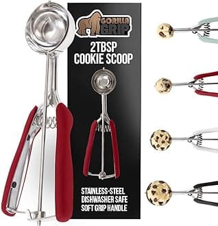 GORILLA GRIP BPA-Free Stainless Steel Cookie Scoop, 2 TBSP Scooper #40, Soft Grip Handle, Easy Food Release, Create Even Portion Sizes, Multipurpose Kitchen Melon Baller, Meatball Spring Scoops, Red
