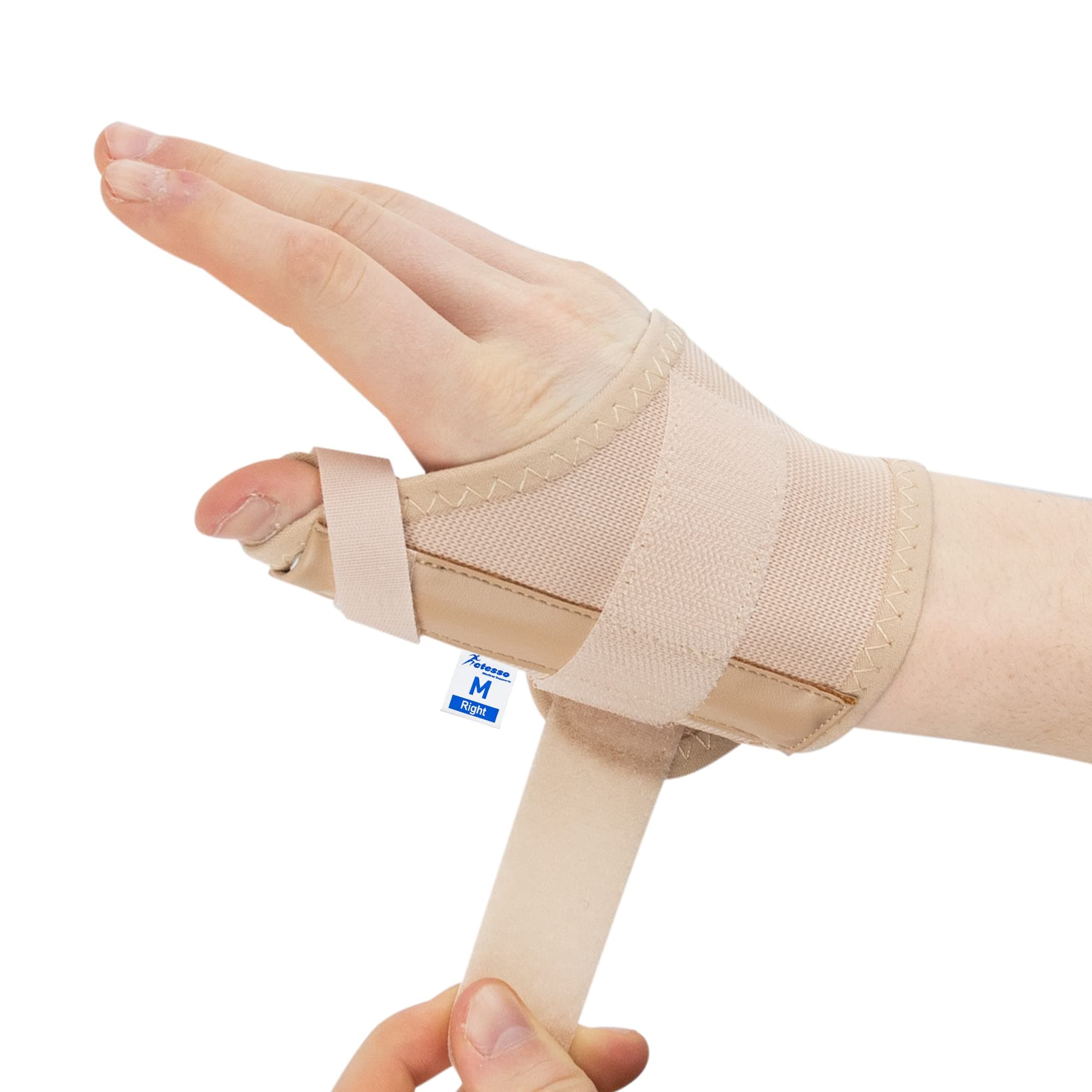 Actesso Elasticated Thumb Support Brace - Ideal for Thumb Pain Relief from Sprains, Tendonitis or Fractures (Beige, Small Right)