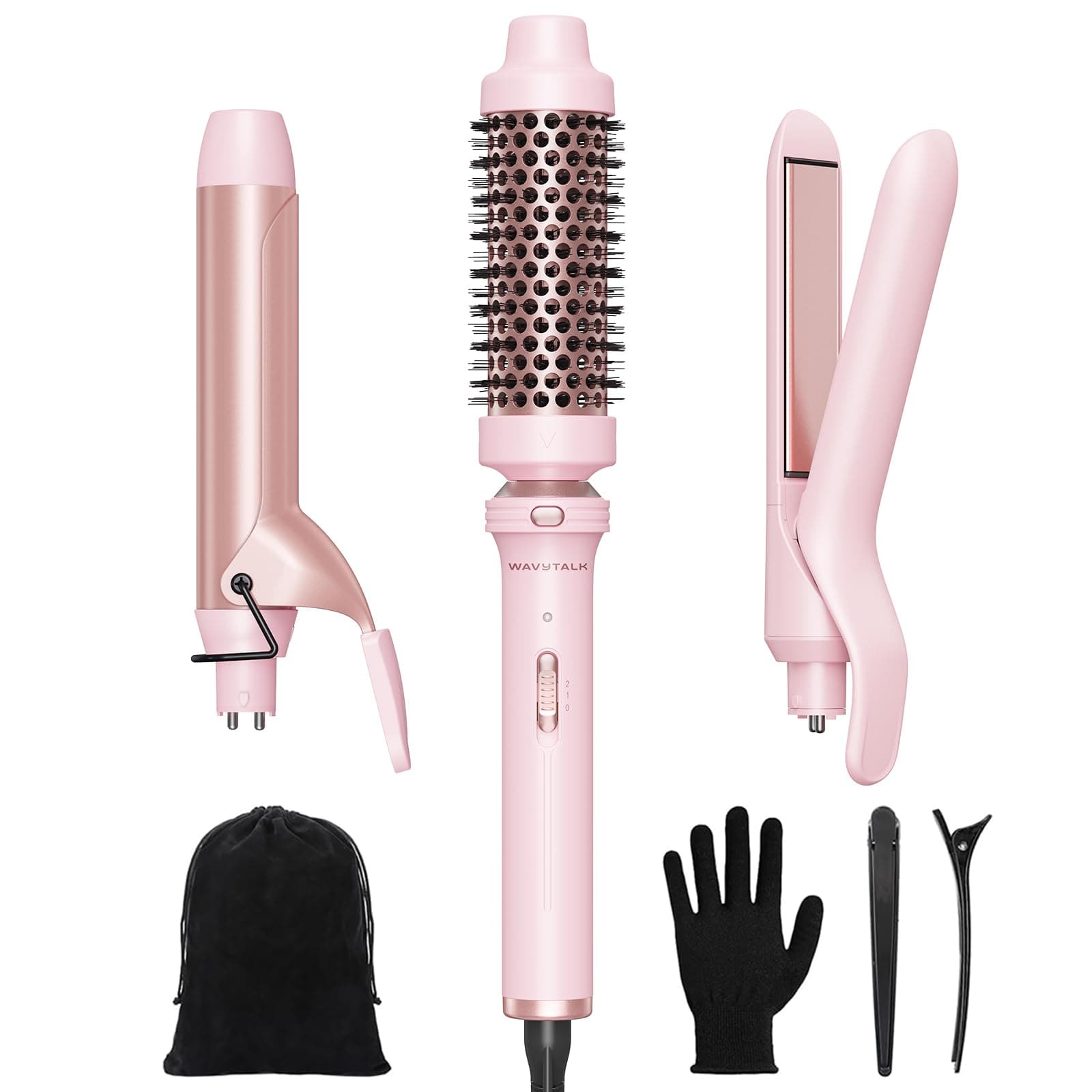 Wavytalk 3 in 1 Curling Wand Set, Multi Curl, Curling Iron Set with Heated Round Brush, Flat Iron Hair Straightener, 1 1/4 inch Curling Iron, Dual Voltage Hair Curler(Pink)