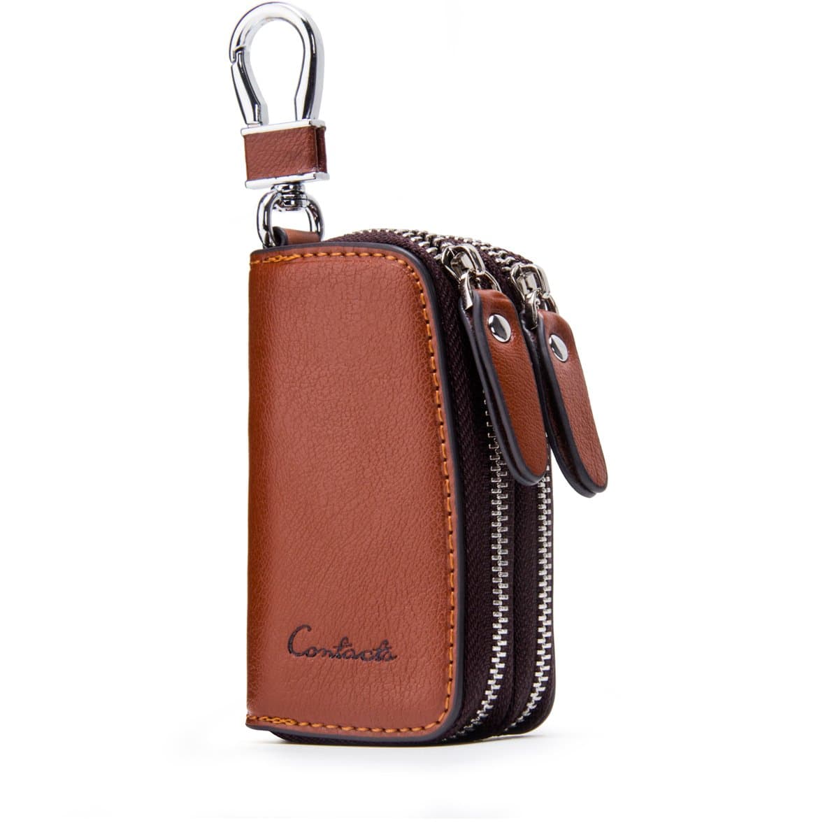 Car Key Case Small Leather Double Zipper Key Holder with 4 Keyrings Keys Organizer for Men Women