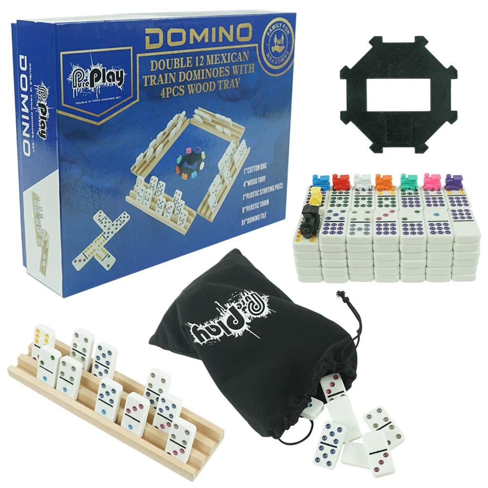 Mexican Train Dominoes Set - Double 12 Colored Dot Dominoes - Includes 91 Tiles with 9 Trains, 4 Wooden Trays and Storage Bag for 2-8 Players Ages 8+