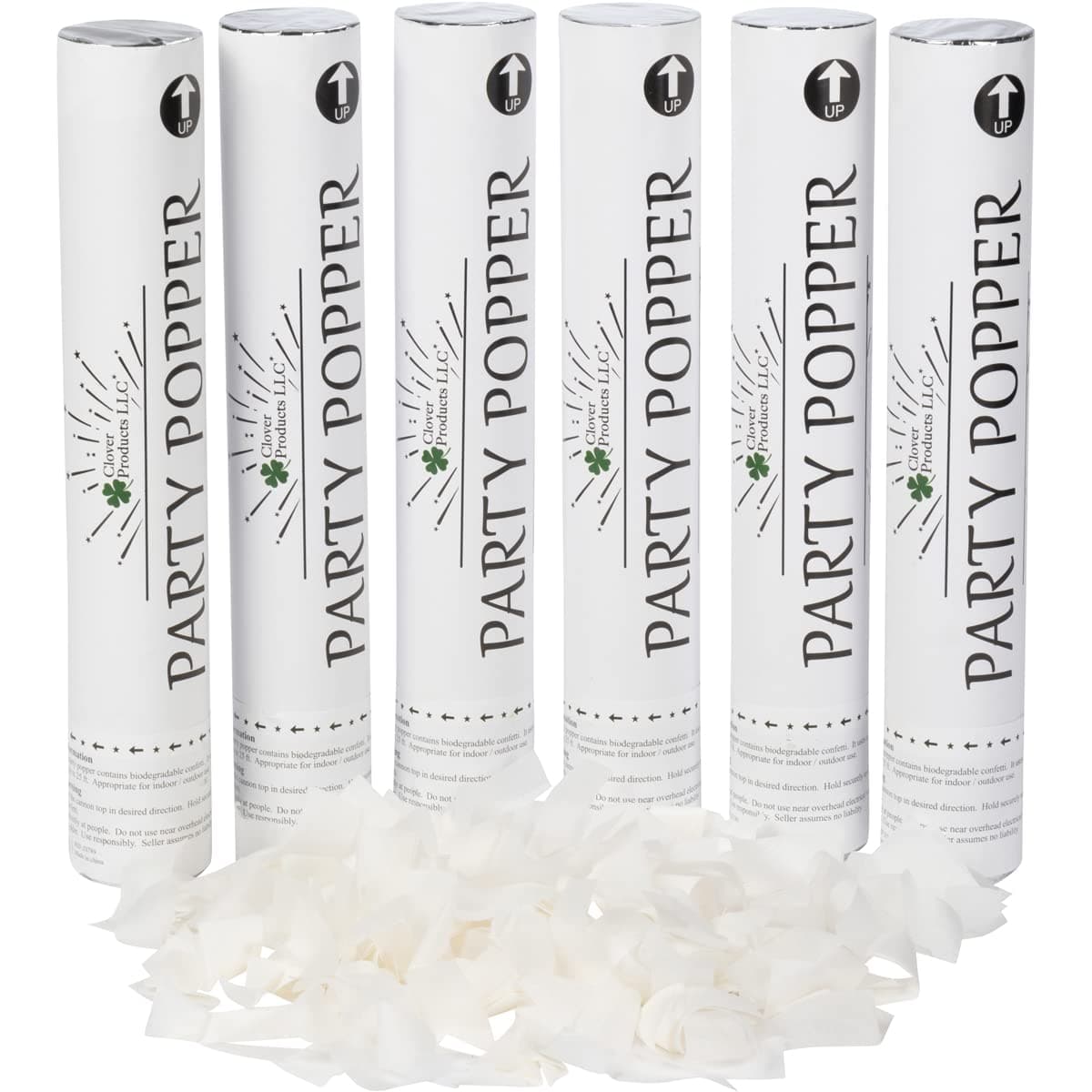 Large Premium Wedding Confetti Cannon - (6 Pack) White Biodegradable Paper Confetti Popper | Launches Confetti 20-25 Feet | Party Poppers for Wedding or any occasion.