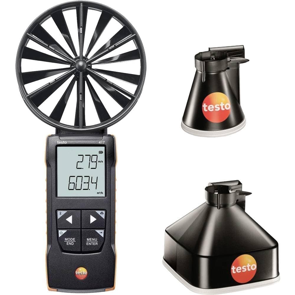 testo 417 Anemometer Handheld Set with Measurement Funnels – CFM Meter HVAC 32 to +122 °F – Air Flow Meter for Air Velocity, Volume Flow, and Temperature at Air Inlets & Outlets with App Compatibility