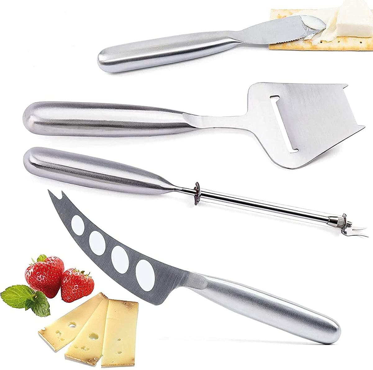 KASTWAVE Cheese Knife Set with Handle Steel Stainless Include Cheese Wire Cutter, Cheese Spreader, Cheese Slicer and 4 Holes Cheese Knife