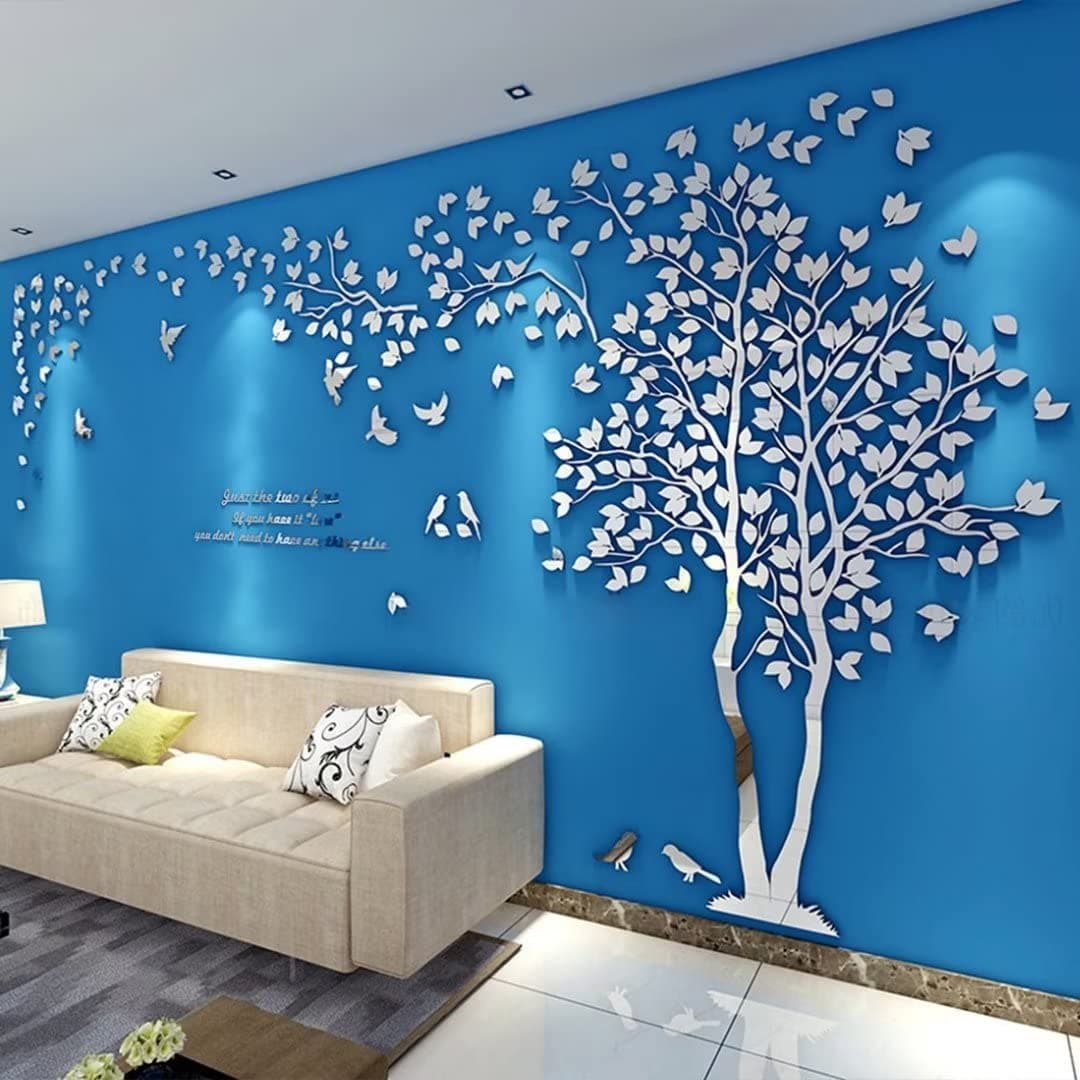 3D Tree Wall Stickers, DIY Tree Wall Decals Sticker Home Decoration Arts Living Room, Bedroom, Children's Room, TV Wall (XL-400 x 200 cm, Silver Right)