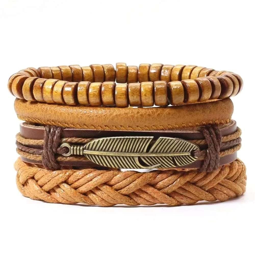 4PCs/Set Gold Big Maple Leaf Biker Charm Leather Wrap Bracelets for Men/Women/Boys/Girls