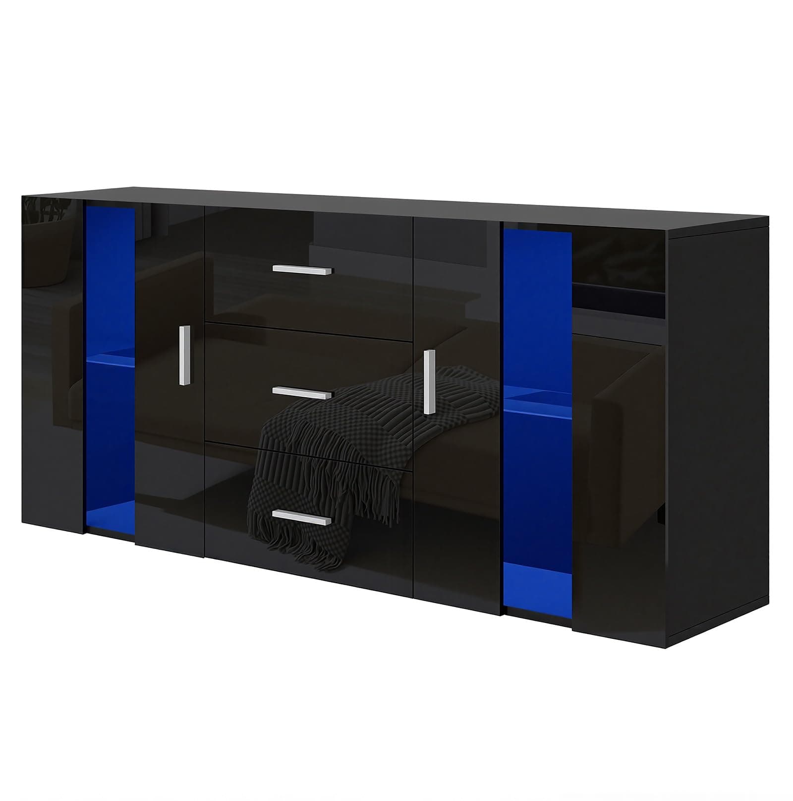 Panana Modern Sideboard High Gloss Fronts Storage Cabinet Cupboard with 3 Drawers and 2 Doors RGB LED Lights Living Room Hallway (Black)