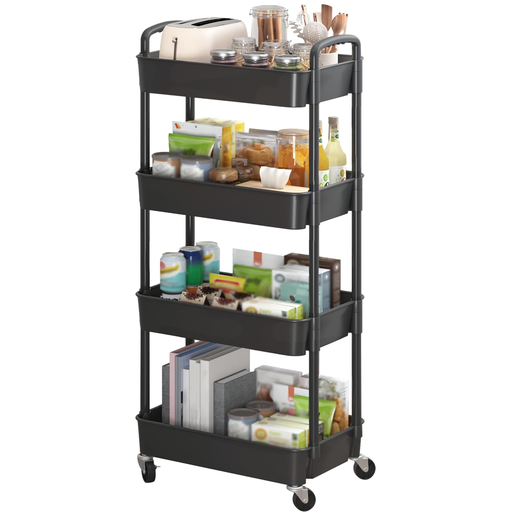 Sywhitta 4-Tier Plastic Rolling Utility Cart with Handle, Multi-Functional Storage Trolley for Office, Living Room, Kitchen, Movable Storage Organizer with Wheels, Black