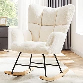 Nursery Rocking Chair, Boho Accent Ottoman, Teddy Upholstered Glider Rocker Accent Chair with High Backrest for Living Room, Small Spaces, Bedroom, Beige