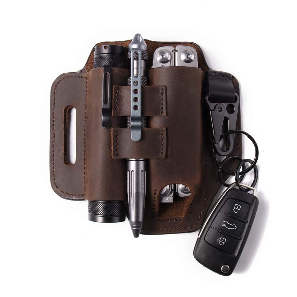 Gentlestache Multitool Belt Sheath, EDC Leather Belt Organizer, Belt Holder with Multitool Pouch, Flashlight Holder, Pen Holder and Keychain Clip, Practical EDC Belt Pouch for Men