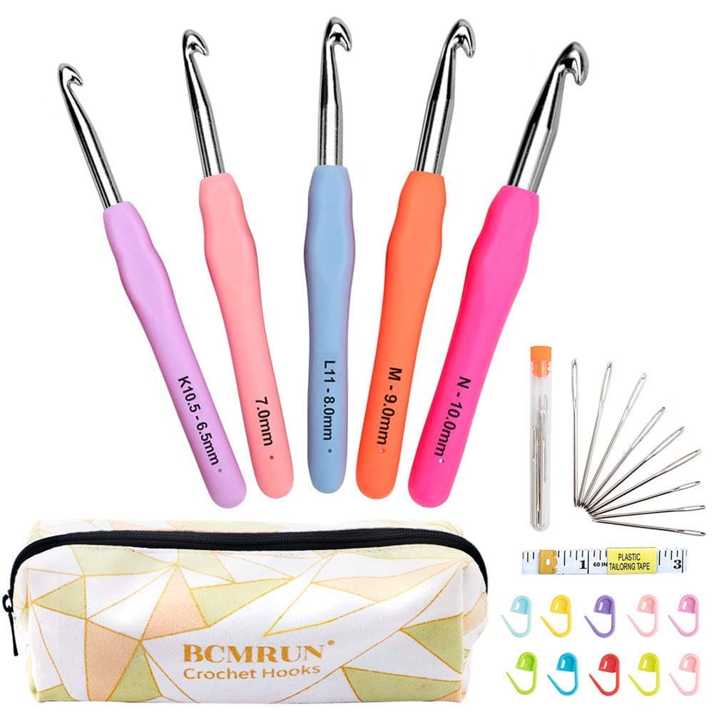 BCMRUN Knitting Needles Set Ergonomic Grip Soft Handles 6.5/7.0/8.0/9.0/10.0mm Crochet Hook, Large-Eye Blunt Needle, Stitch Marker, Tape Measure in Case