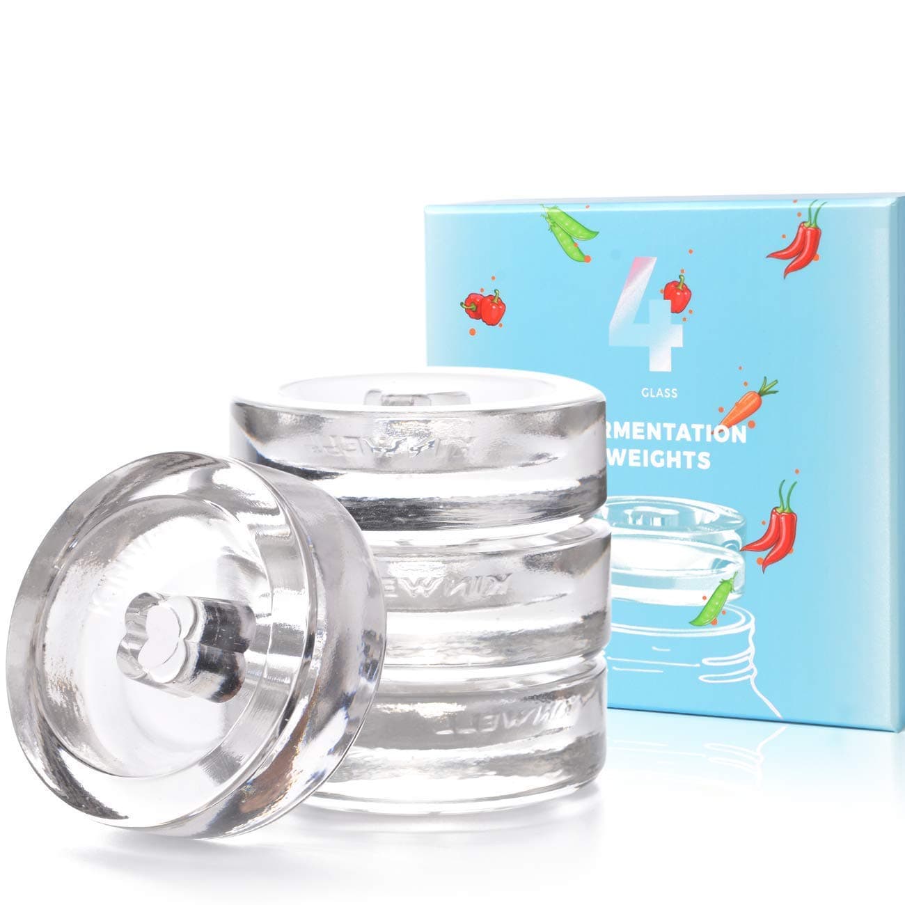 Florsol 4-Pack Fermentation Glass Weights with Easy Grip Grooved Handles, Sauerkraut Kimchi Pickles Preservation Fermenting Lids for Wide Mouth Mason Jars