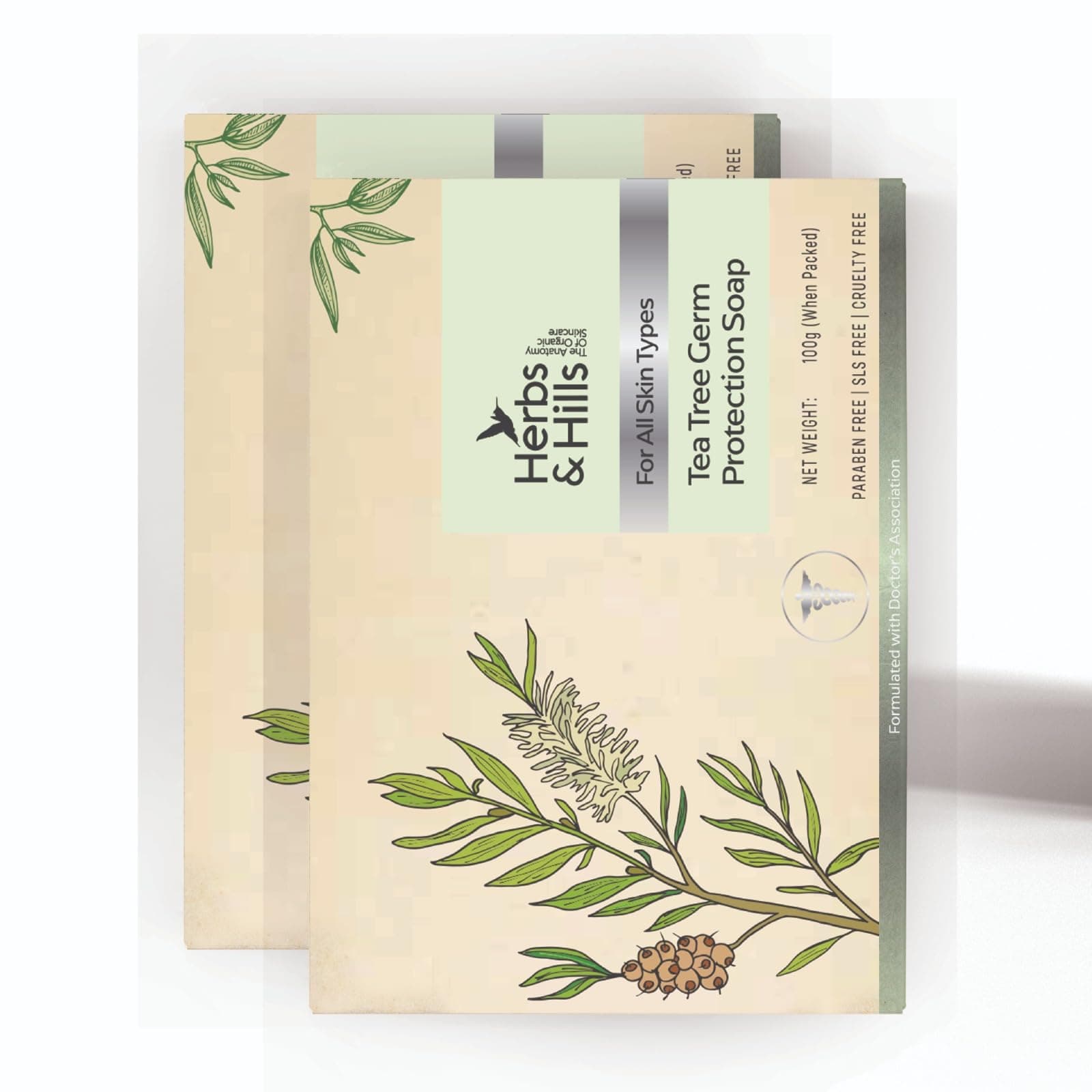 Tea Tree Germ Protection Bar, Antibacterial Soap with Tea Tree Oil, Neem Extract, Coconut & Almond Oils, Prevents Acne, Moisturises Skin, Paraben & Cruelty-Free, 2x100g