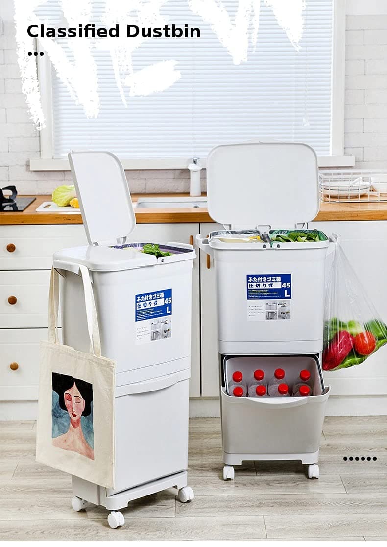 Shoply Kitchen Trash Can Recycle Bin Sorting Trash Bin Household Dry And Wet Separation Waste Bin Classification Rubbish Bin with wheel,White