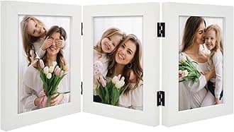 Frametory, 5x7 Trifold Picture Frame Hinged Photo Frames Three Folding Frame Desktop Glass Frame Vertical (White, 5x7 Triple)