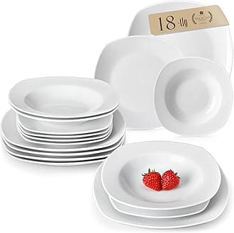MALACASA Dinner Sets for 6 People, 18-Piece Ivory White Porcelain Plates and Bowls Set Dinnerware Set with 6-Piece Dinner Plate/Soup Plate/Dessert Plate, Series Elisa
