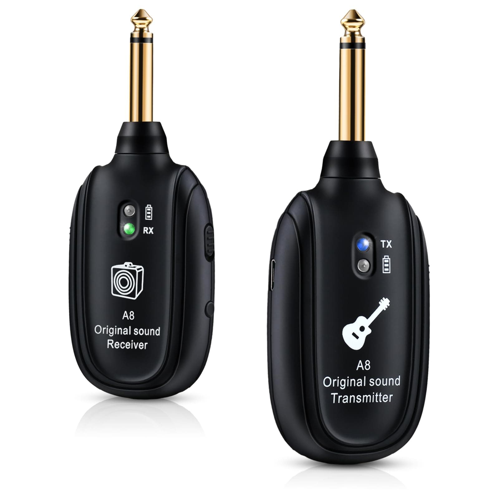 A8 Wireless Guitar System UHF 2 Modes, Rechargeable Li-Battery, 100ft Range, Plug & Play for Guitar, Bass, Violin, Keyboard - Black