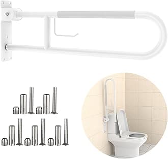 Toilet Grab Bar,YuanDe 30.3 Inch Fold Down White Grab Bar with Paper Holder,Stainless Steel Flip-Up Knurled Handicap Grab Bar Rail,Bathroom Shower Bathtub Safety Support Bar for Disabled Elderly
