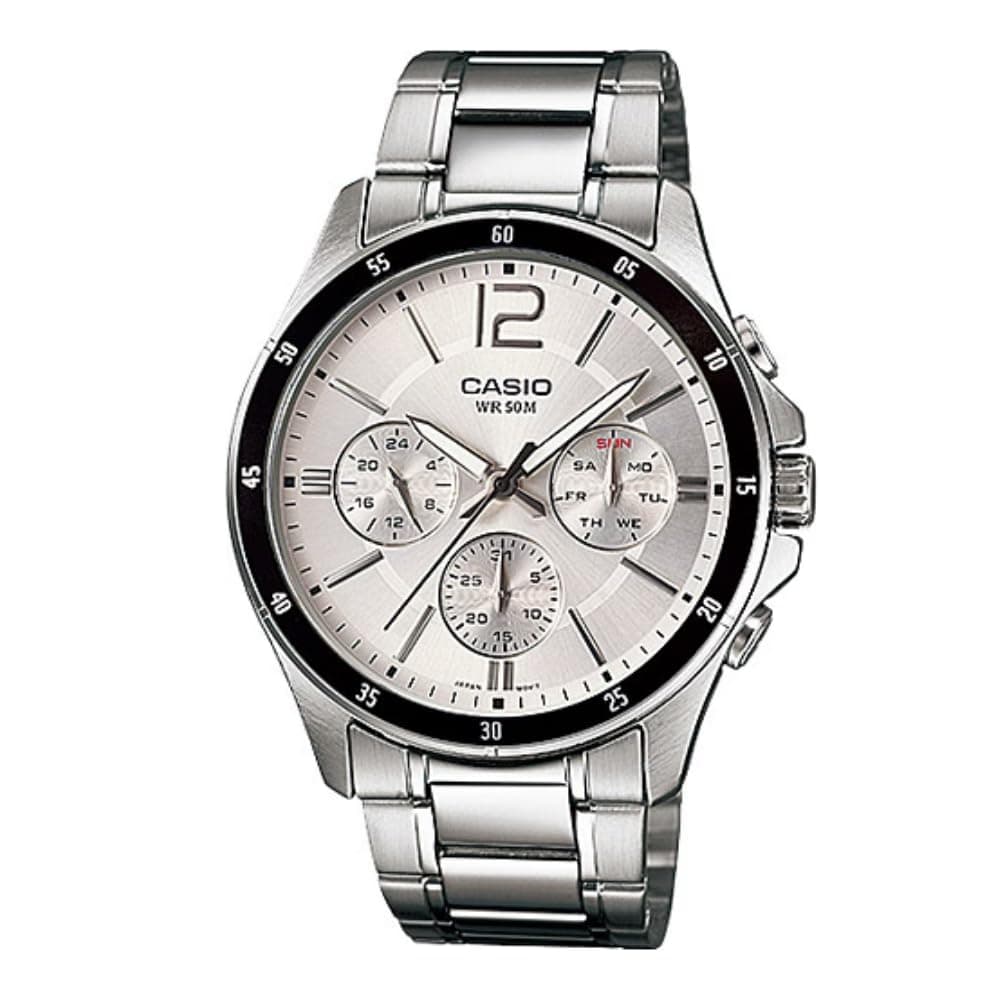 #MTP1374D-7AV Men's Standard Metal Band Multi-Function Silver Dial Watch