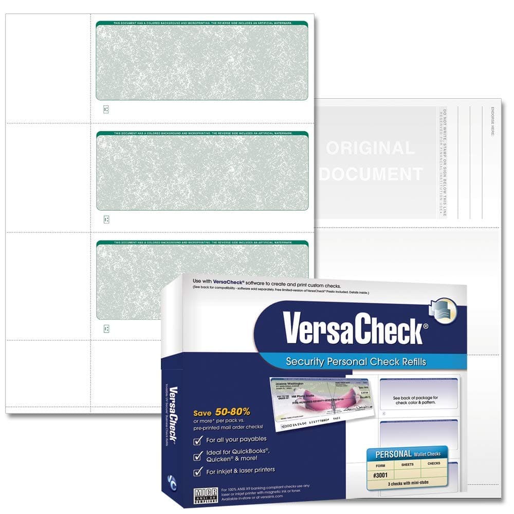 VersaCheck Security Personal Check Refills: Form #3001 Personal Wallet - Green - Classic - 250 Sheets