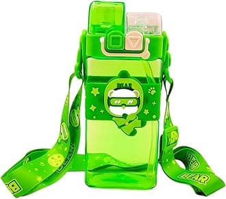 PLUSPOINT Trendy Water Bottle for Kids with Carry Strap to Hang Double drinking Caps Sipper Bottle with Straw & Wide Mouth Leakproof, BPA Free Tritan Water Bottle for School Kids 520ML (Green)
