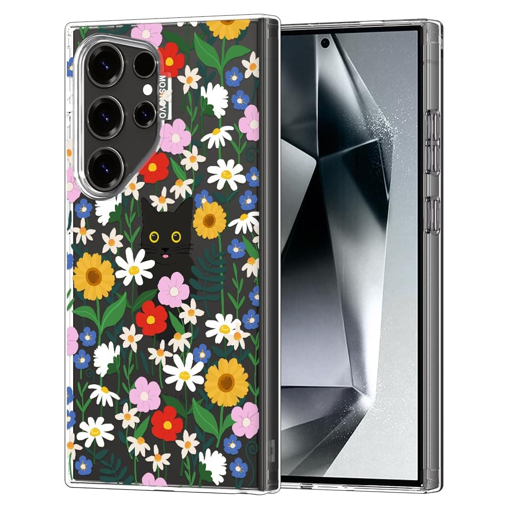 MOSNOVO Case for Samsung Galaxy S24 Ultra, [Buffertech 6.6ft Military-Grade Drop Protection] [Anti Peel Off Tech] Clear TPU Bumper Phone Case Cover Design - Black Cat in Garden