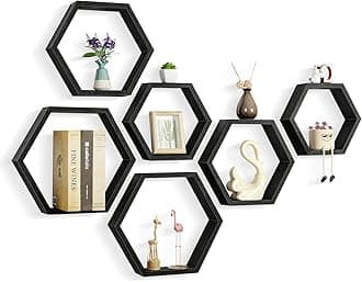 CADUKE Hexagonal Floating Shelves Set of 6 Hexagon Sheves Wall Wood Storage Honeycomb Shelf Farmhouse Wall Decor Shelves for Bedroom Living Room