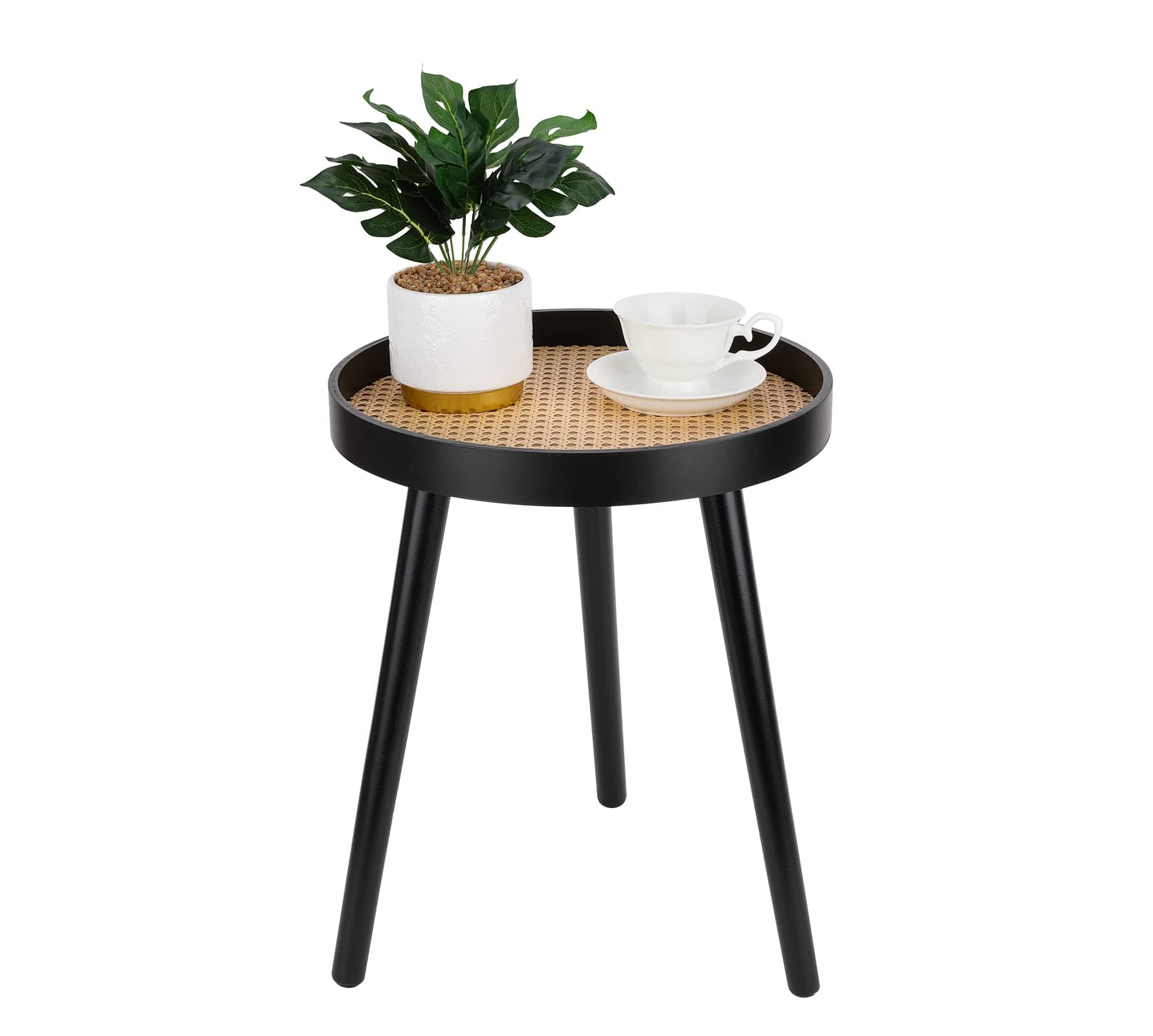 Rattan Round Side Table, Black Small Accent Table, Modern Boho Bedside Mid-Century Patio Side End Tables for Living Room Bedroom Office Balcony