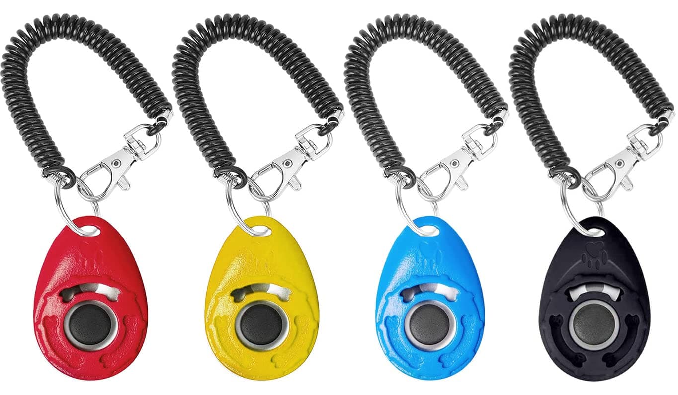 Acehome 4 Pack Dog Training Clicker with Wrist Strap, Pet Training Clicker with Big Button Effective Behavioral Training Tool for Cats Birds Puppy Recall (Yellow+Red+Light Blue+Black)