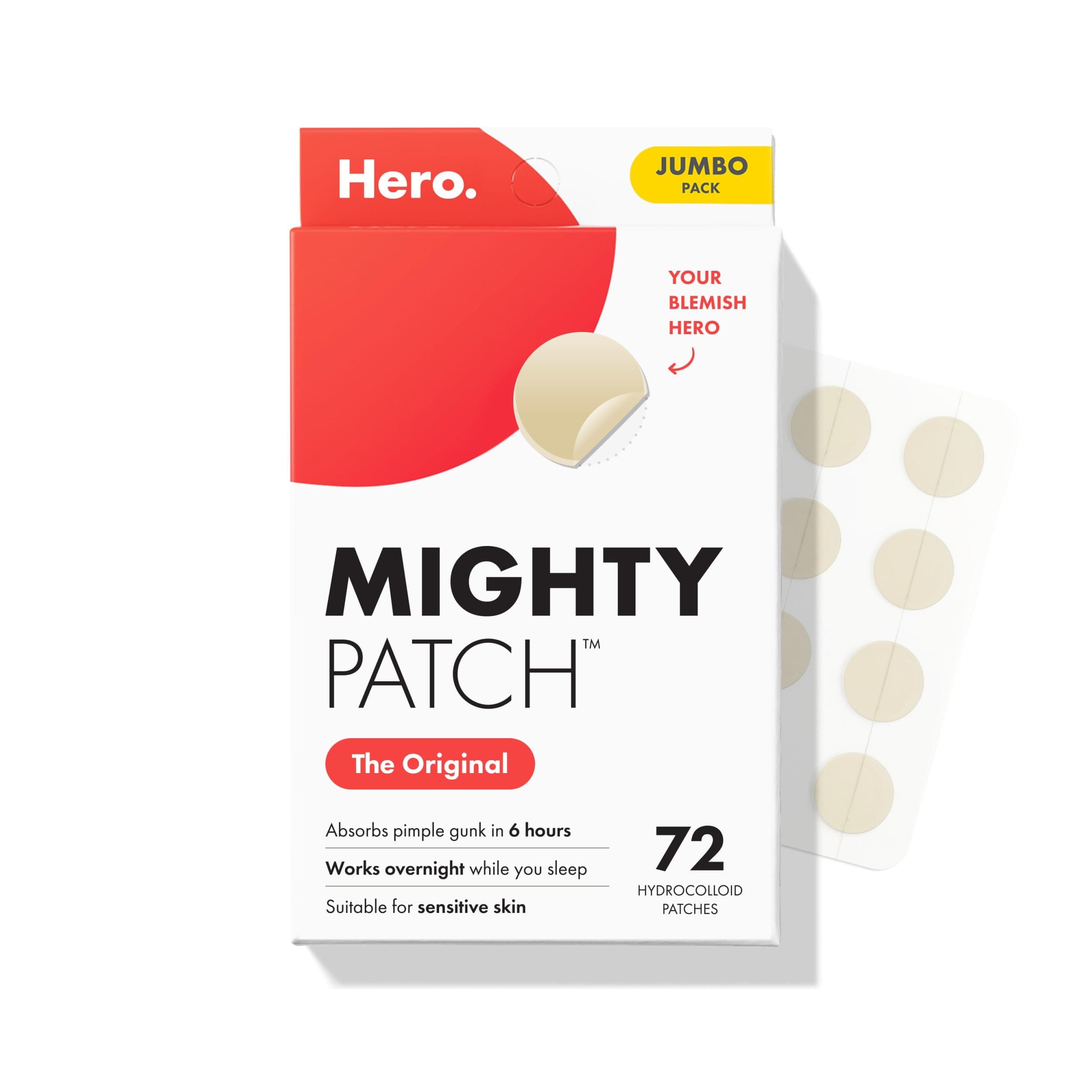 Mighty Patch Original patch from Hero Cosmetics – The #1 Hydrocolloid Acne Pimple Patch for Shrinking Zits and Whiteheads in 1 use; Nighttime Spot Stickers for Face and Skin (72 Count)