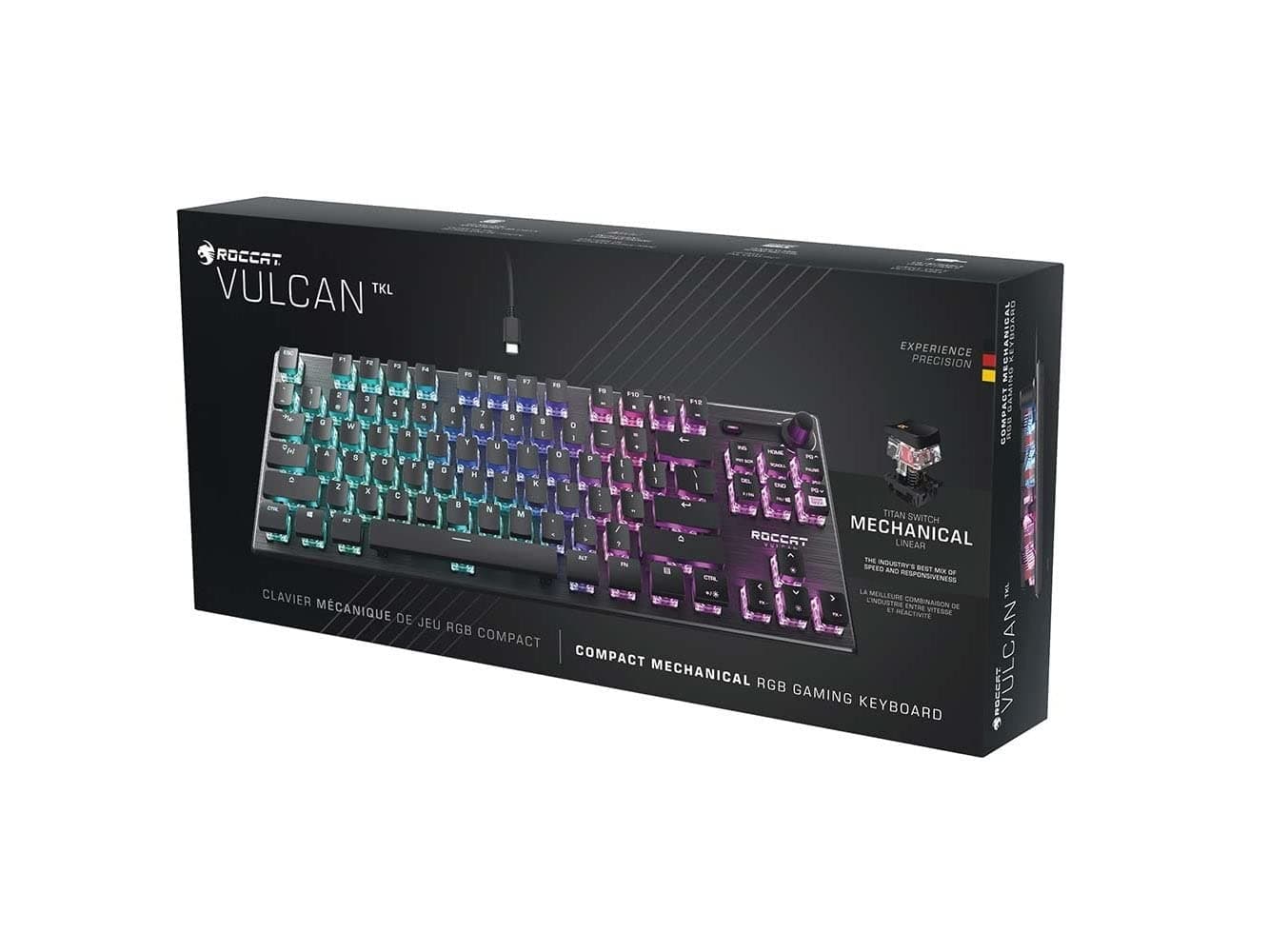 Roccat Vulcan Tkl Linear Pc Gaming Keyboard, Titan Switch Mechanical With Per Key Aimo RGB Lighting, Tenkeyless, Compact Design, Anodized Aluminum Top Plate, Detachable Usb-C Cable, Black