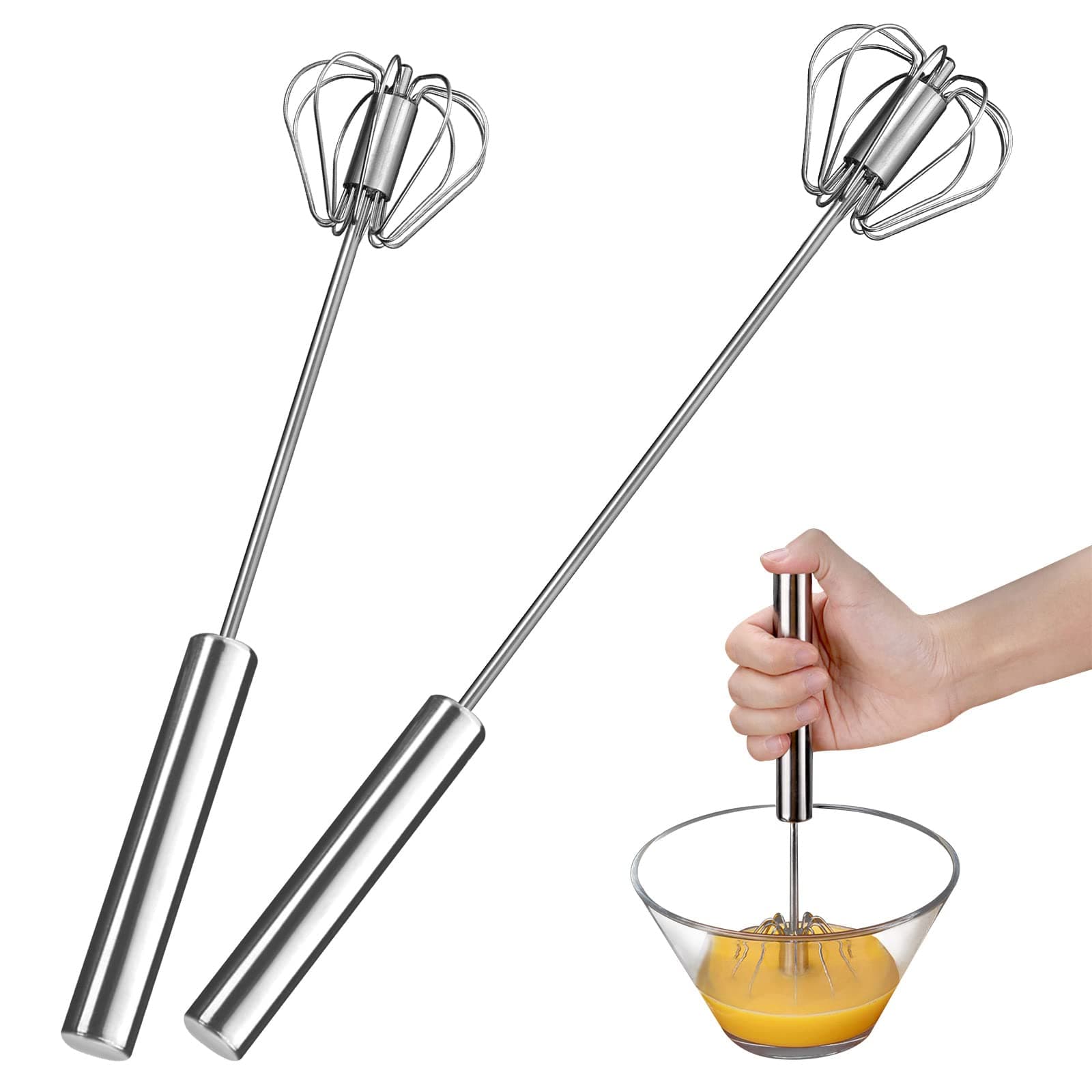 Egg Whisk,2 Pack Stainless Steel Home Kitchen Tool, Hand Easy Whisk Egg Beater Manual Mixer Blender for Whisking, Beating & Stirring