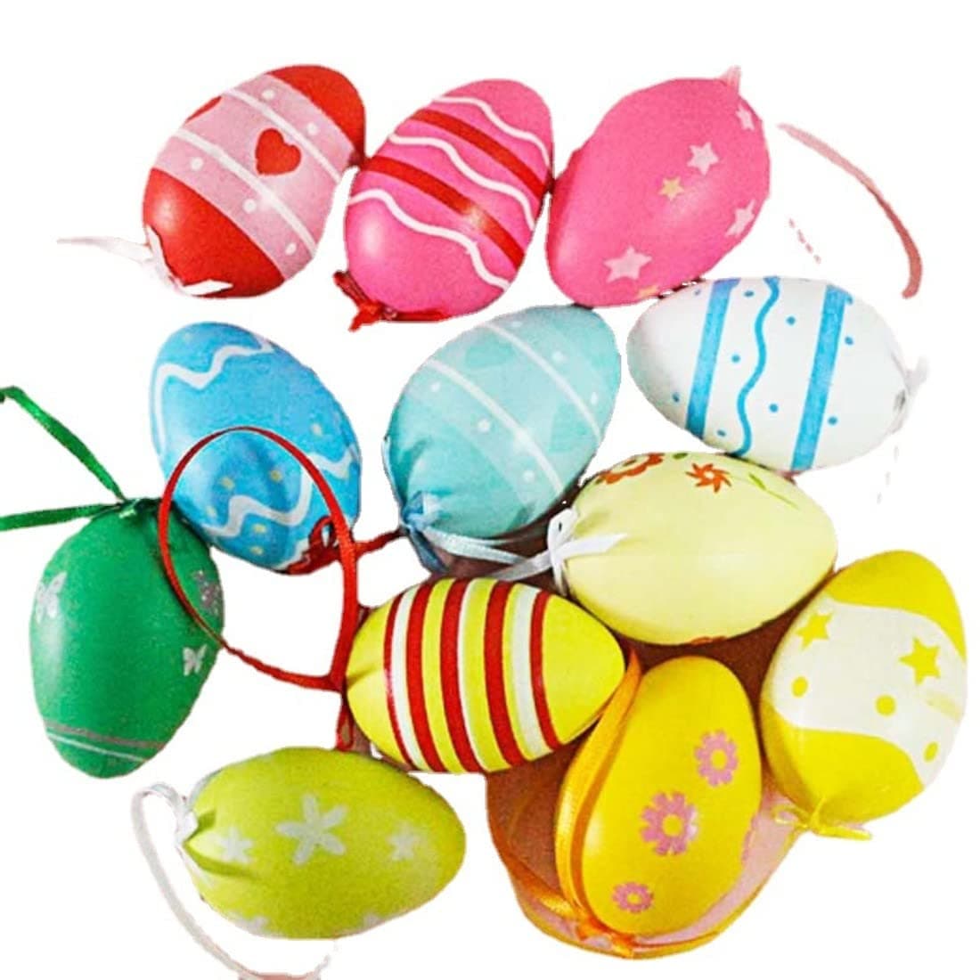 AMETUS 24Pcs Easter Eggs Hanging Ornaments, with Bowknot, Flower, Dots, Heat Painting, Blue Green Red Yellows Eggs, Festival Decoration, Tree Decor