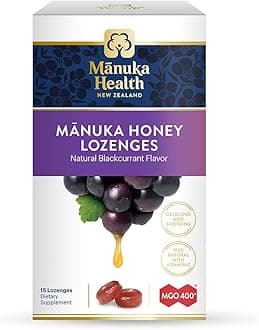 Manuka Health Manuka Honey Lozenges – 15 Blackcurrant Flavored Lozenges – Natural Throat Lozenges Infused with Raw Manuka Honey and Vitamin C for Immune Support