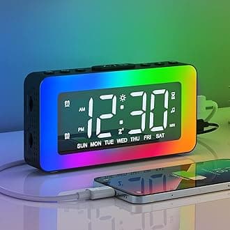 AFEXOA Kids Alarm Clock with RGB Night Lights - Loud Dual Alarm for Heavy Sleepers, Non Ticking Digital Clock, Large LED Display, Bedside Timer & Snooze, Bedroom Decor Gift