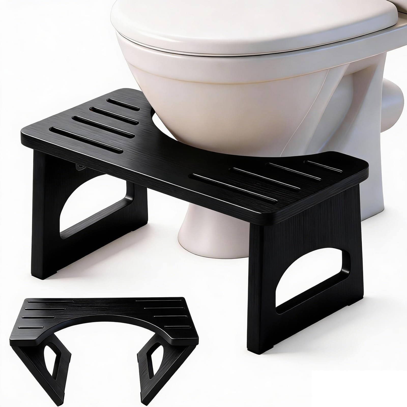 JACNITAD Foldable Toilet Stool, 7 Inch Poop Stool for Bathroom, Bamboo Toilet Stool Squat Adult, Collapsible Squatting Potty Stool with Non-Slip Strip - Improve Squatting Posture and Comfort, Black