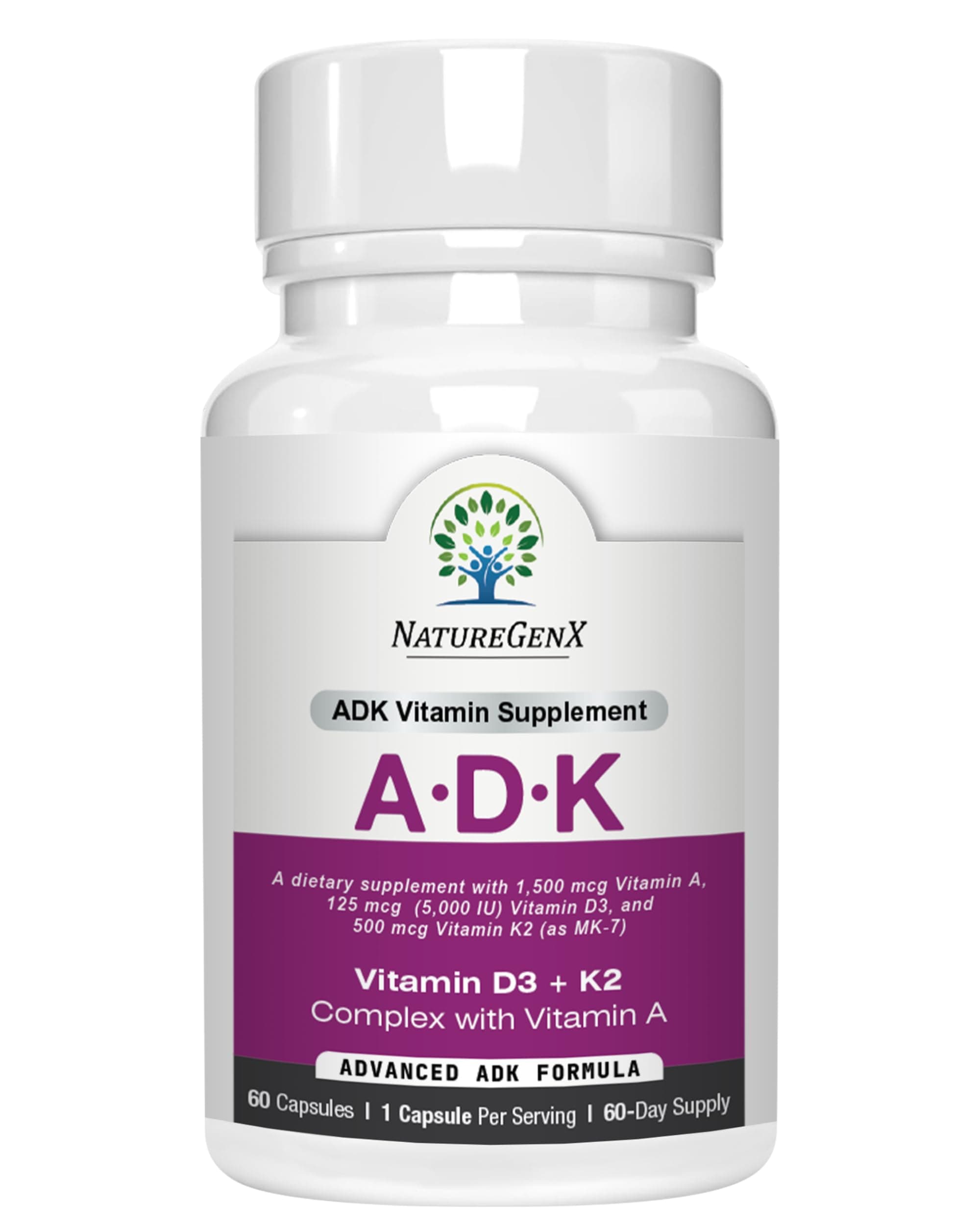 ADK Vitamin Supplement – Vitamins A, D3 & K2 MK-7 for Bone Health & Calcium Absorption – Gluten-Free, Non-GMO, Soy-Free – 60 Capsules (2-Month Supply)