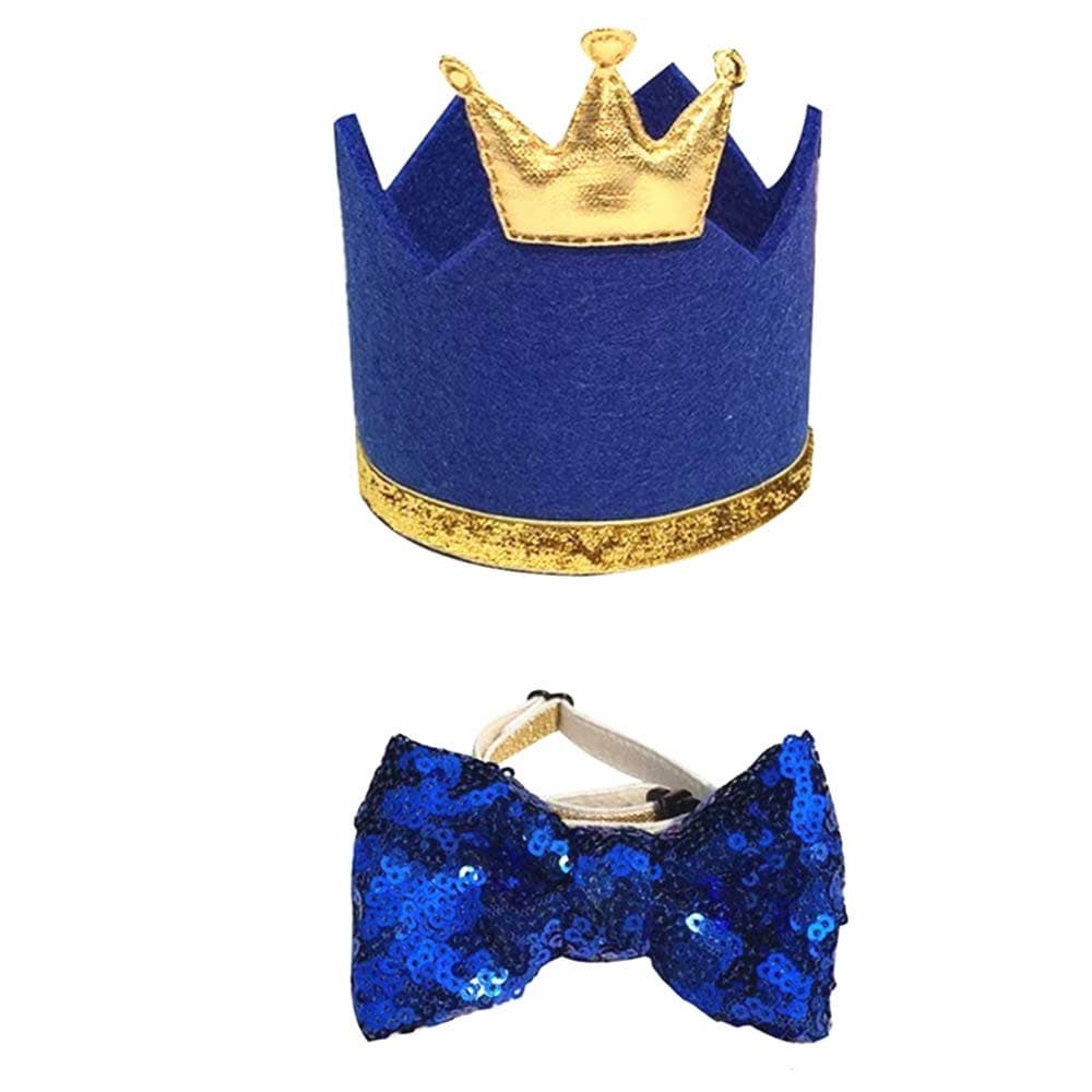 NA 1 Set Pet Hat Bow Tie Set Pet Crown Hat Blingbling Bow tie Collar Pet Birthday Party Supplies Cosplay Accessory Puppy Birthday Gift for Small Medium Dogs Cats Kitten(Blue)