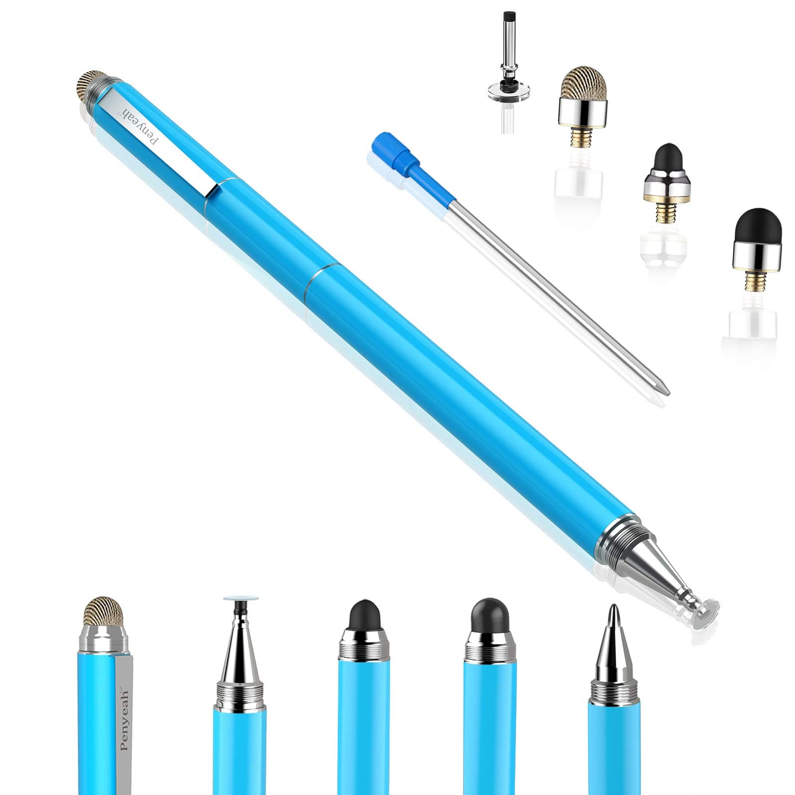 Stylus Pen for iPad - [4-in-1] High Sensitivity and Precision Touch Screen Stylus Disc Tip,Black Rubber Tip & Mesh Fiber Tip Universal for All Capacitive Touch Screen Device - Light Blue