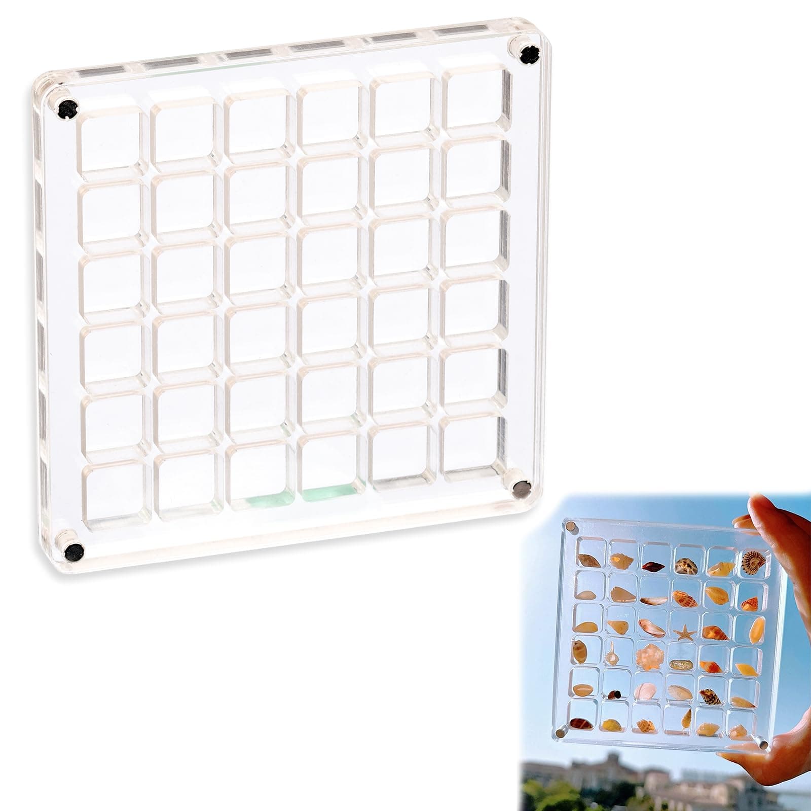 VANEST Acrylic Magnetic Seashell Display Box, Double-Sided Clear Diamond Gemstone Jewelry Storage (36 Grids)