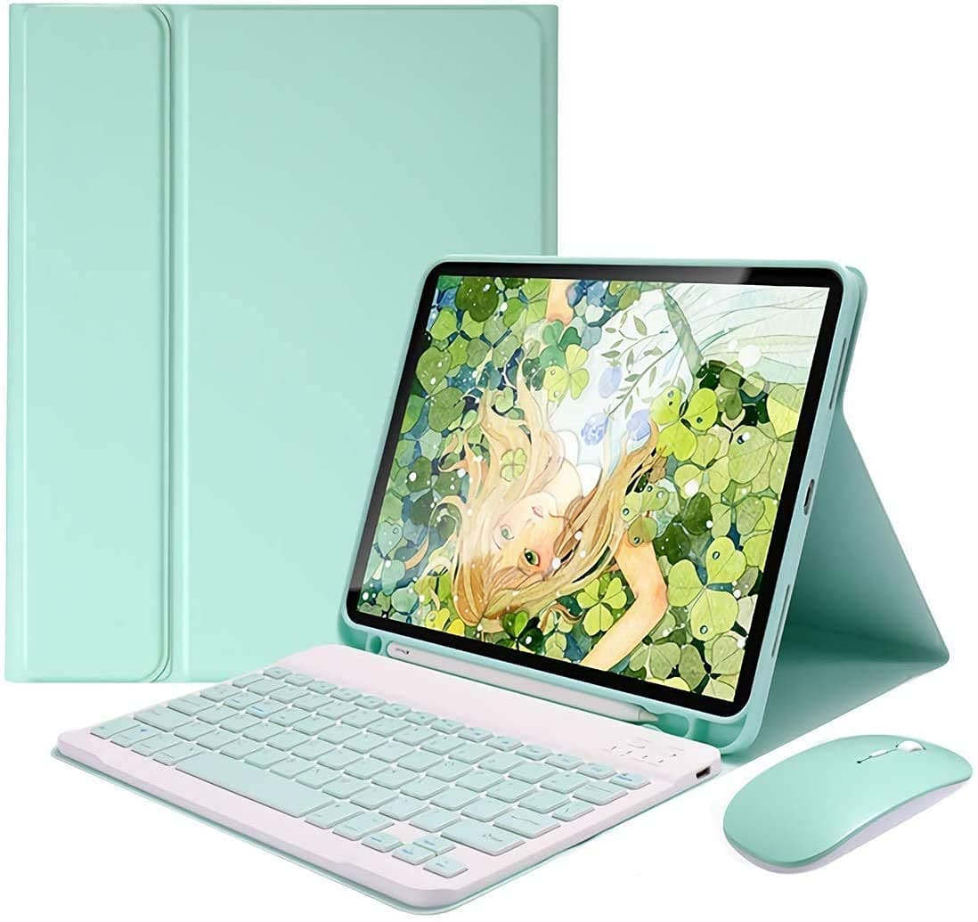 Wireless Bluetooth Keyboard Case for iPad 9th/8th/7th Gen, Air 3/Pro 10.5 with Mouse Set, Pencil Holder - Detachable, Mint Green