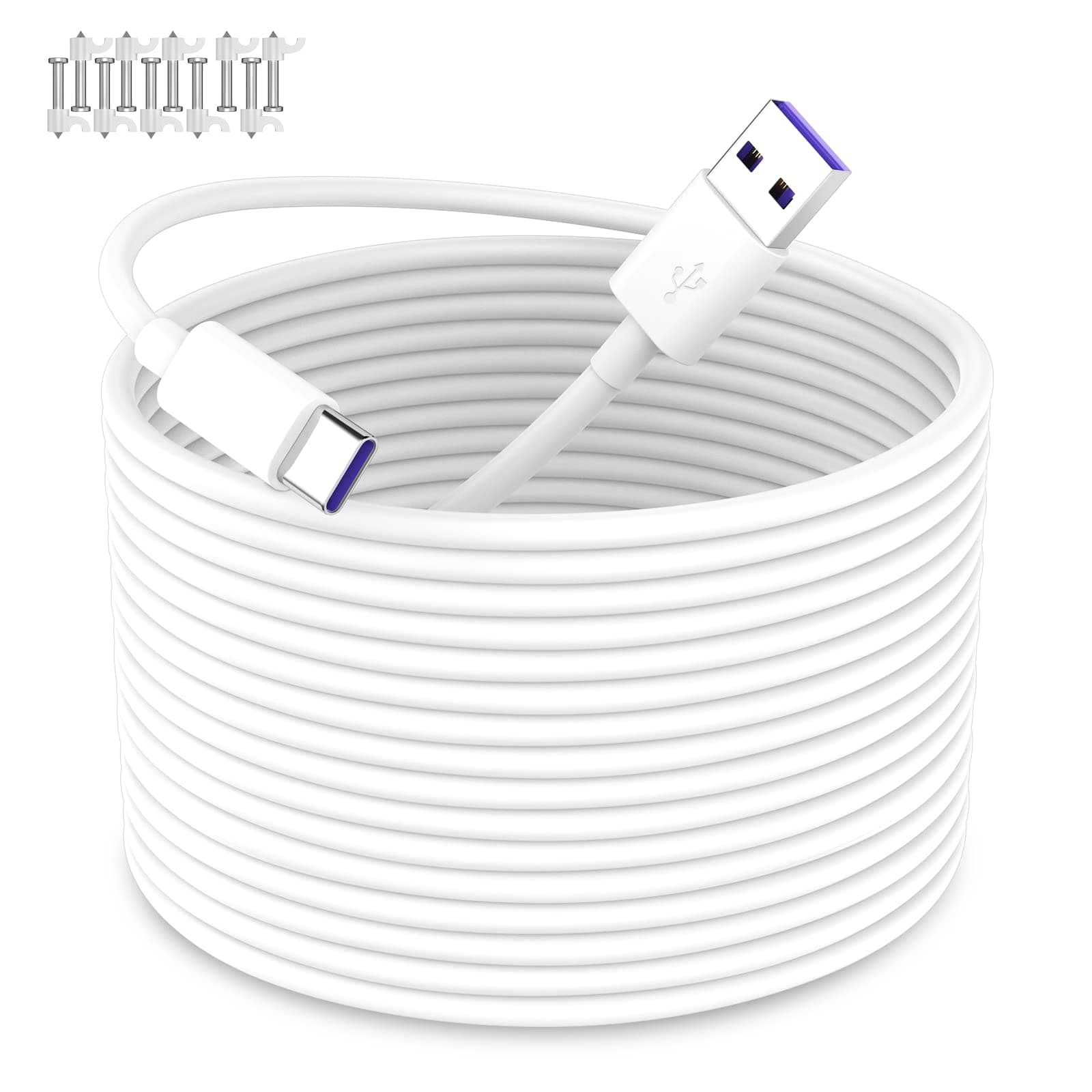 USB A to USB C Power Cable for CCTV Camera, 33FT Type C Long Power Extension Cord for Tapo/TP-Link for Xiaomi/Mi for eufy Security Camera Outdoor Indoor Cord with 10 Wire Clips Nails White