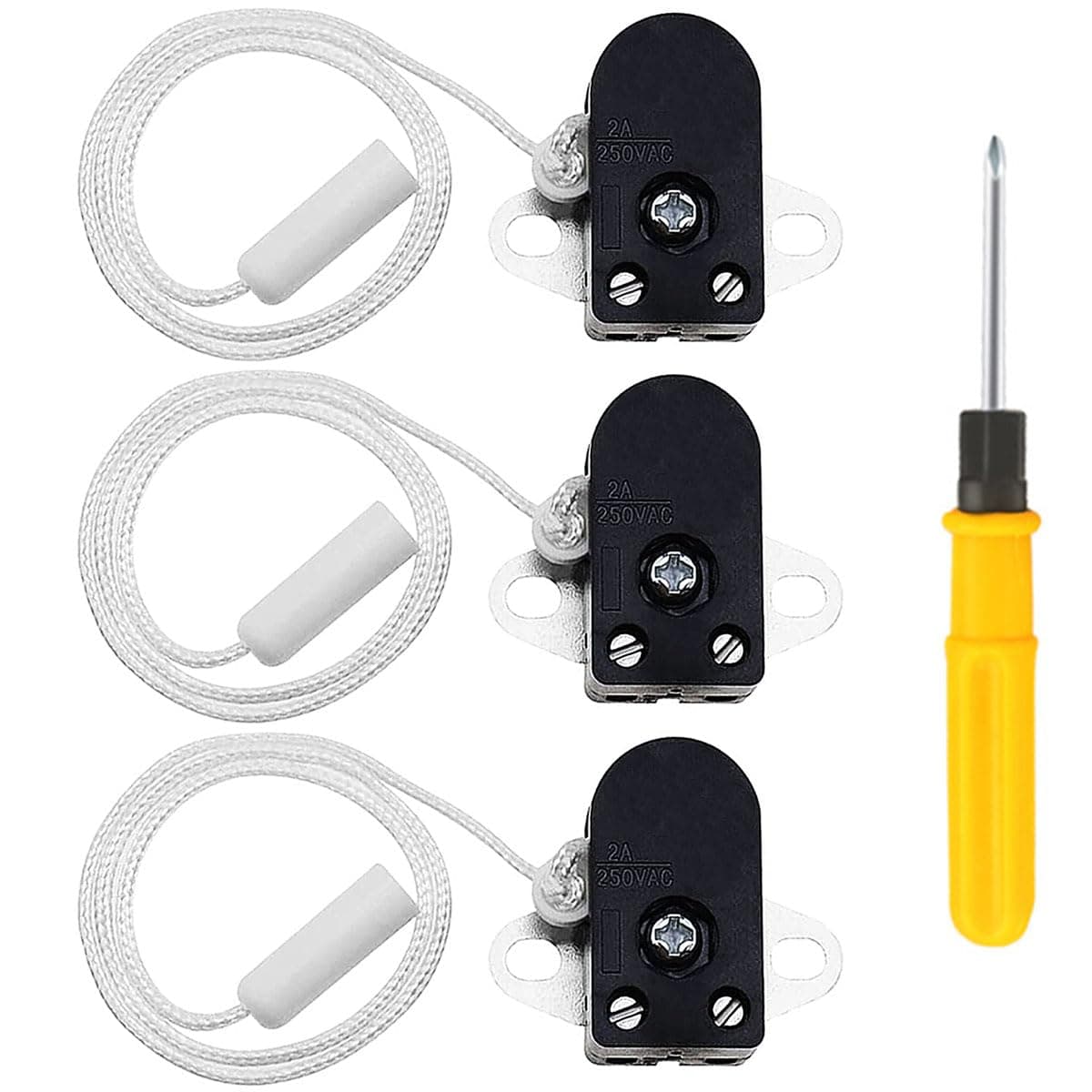 3Pcs Recessed Cord Switch 2A 250V AC On-Off Pull Chain Cord Switch Side Action Mini Pull Switches for Bathroom Pendant Lights Wall Lamp with Screwdriver
