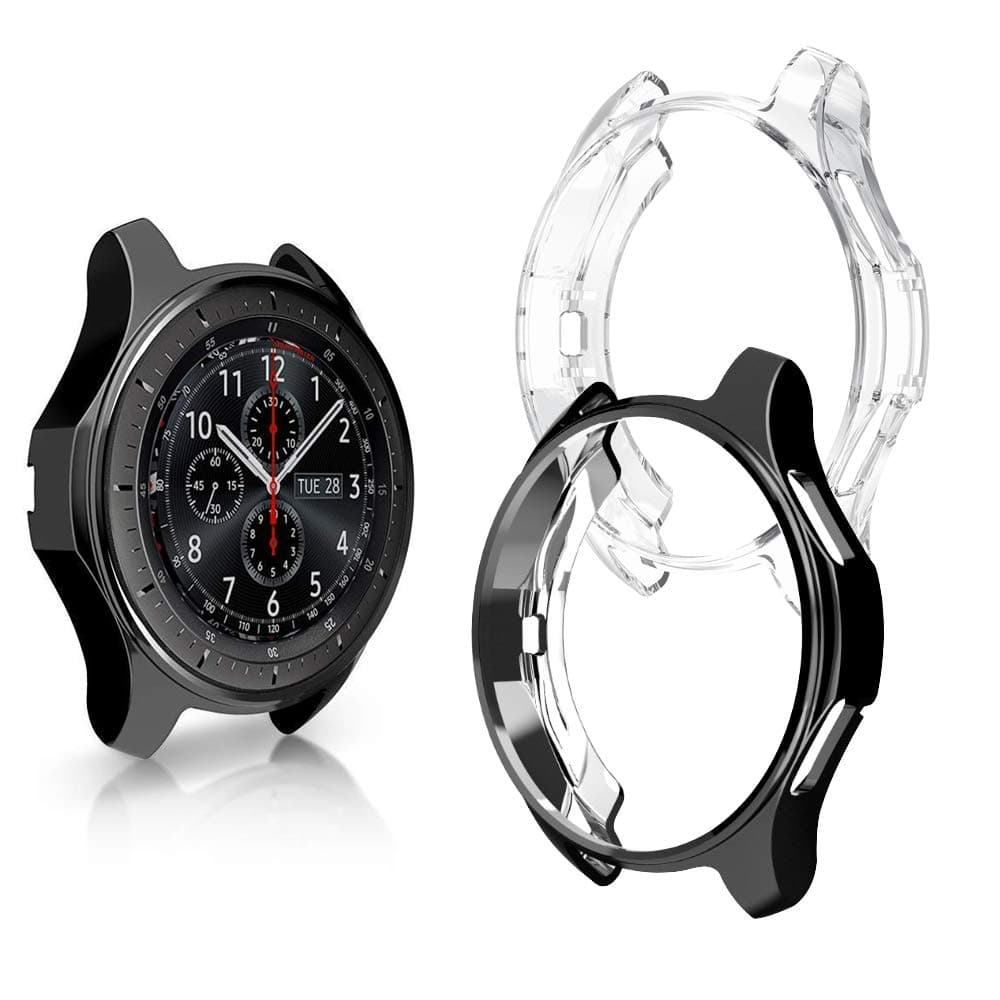 Compatible with Samsung Galaxy Watch Case Protector 46mm, for SM-R805, SM-R800, S3 Frontier SM-R765A, R760, Smart Watch Case Flexible TPU Bumper Case Cover, Shock-Proof, 2 Pack, Black and Clear